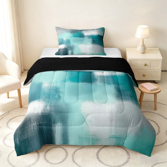 Manfei Abstract Watercolor Art Twin Comforter Sets, Aesthetic Ombre Bedding Set, Teal White, Black Reversible 2pcs, 1 Comforter and 1 Pillowcase