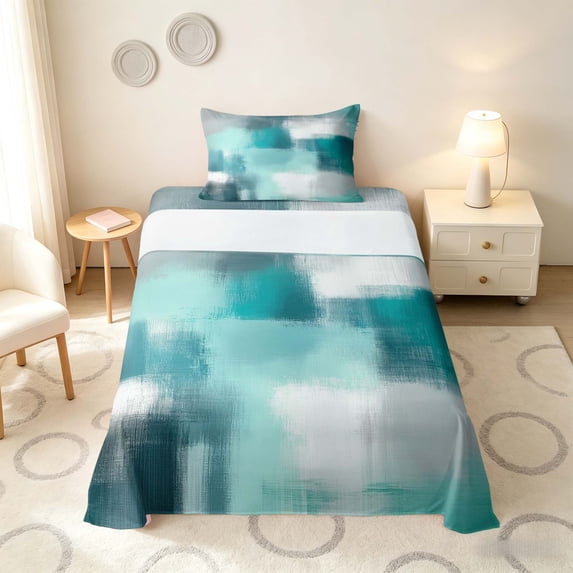 Manfei Abstract Watercolor Art Twin Sheets, Aesthetic Ombre Bedding, Teal White, Black Reversible 3pcs1 Flat Sheet + 1 Fitted Sheet + 1 Pillowcase