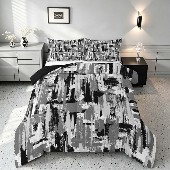 Manfei Abstract Watercolor Brushstroke Full Size Comforter Sets, Black White Gray Ombre Bedding Comforter Set, Black Reversible 3pcs, 1 Comforter and 2 Pillowcases