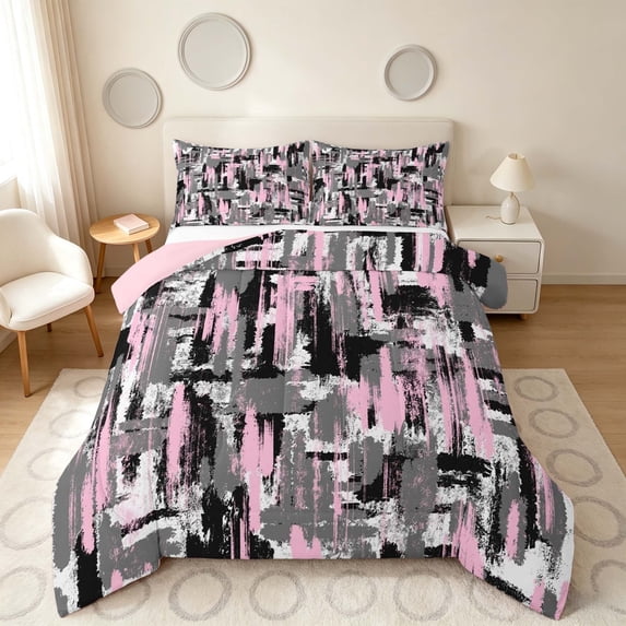 Manfei Abstract Watercolor Brushstroke Full Size Comforter Sets, Pink Black White Ombre Bedding Comforter Set, Pink Reversible 3-Piece, 1 Comforter and 2 Pillowcases