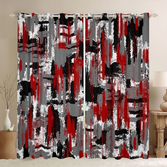 Manfei Abstract Watercolor Brushstroke Kitchen Curtains, Red Black White Ombre Black Out Curtains Pack of 2 (42x63 Each)