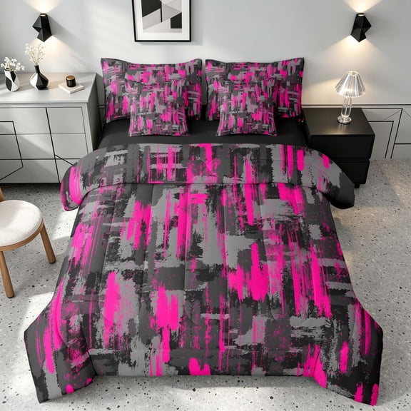 Manfei Abstract Watercolor Brushstroke Queen Bedding, Neon Pink Black Gray Ombre Bedding Comforter Set Queen, Black Reversible 7-Piece