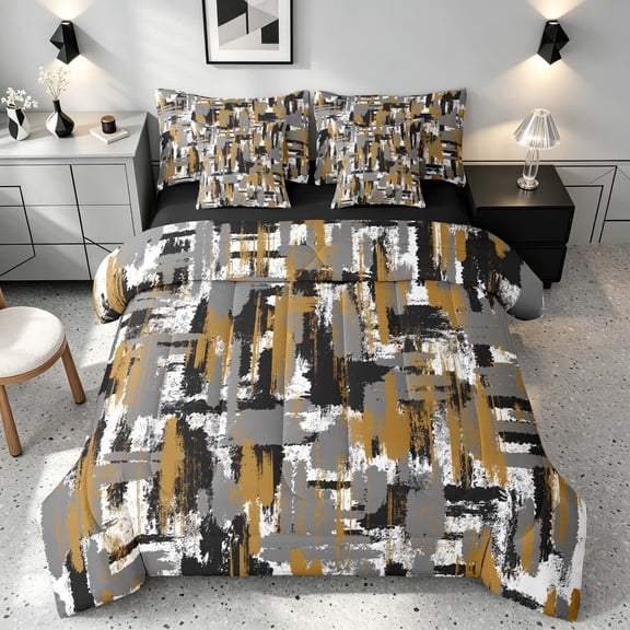 Manfei Abstract Watercolor Brushstroke Queen Bedding, Yellow Black White Ombre Bedding Comforter Set Queen, Black Reversible 7-Piece