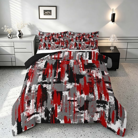 Manfei Abstract Watercolor Brushstroke Queen Comforter Set, Red Black White Ombre Comforter Sets Queen, Black Reversible 3pcs, 1 Comforter and 2 Pillowcases