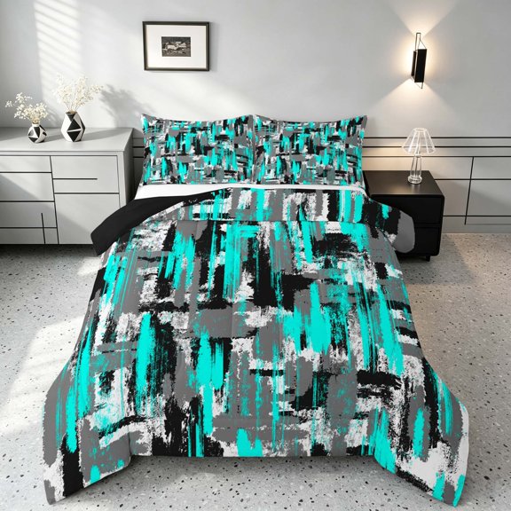 Manfei Abstract Watercolor Brushstroke Queen Comforter Set, Teal Black White Ombre Comforter Sets Queen, Black Reversible 3pcs, 1 Comforter and 2 Pillowcases