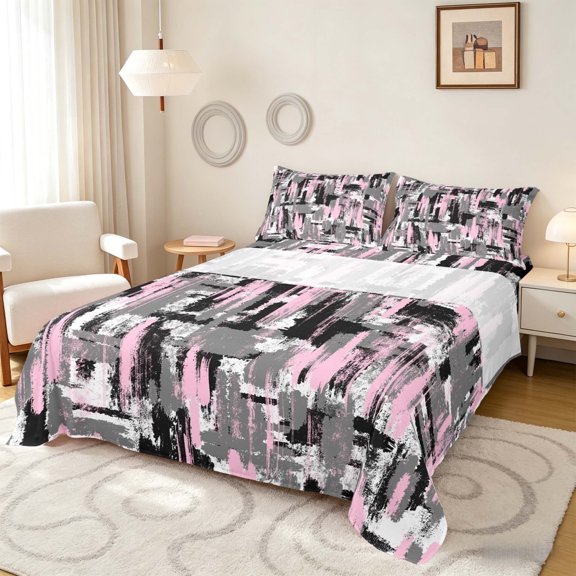 Manfei Abstract Watercolor Brushstroke Queen Sheets, Pink Black White Ombre Queen Sheet Sets, Pink Reversible 4-Piece1 Flat Sheet + 1 Fitted Sheet + 2 Pillowcases