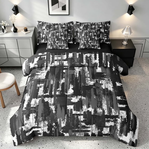 Manfei Abstract Watercolor Brushstroke Twin Bedding, Black Gray White Ombre Bedding Comforter Set, Black Reversible 7pcs