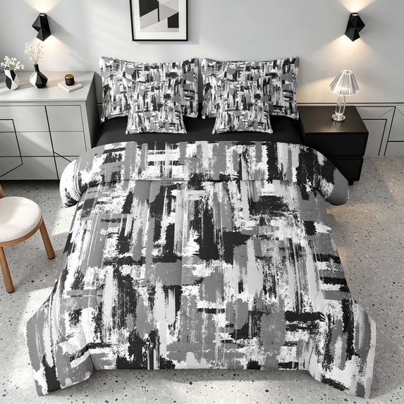 Manfei Abstract Watercolor Brushstroke Twin Bedding, Black White Gray Ombre Bedding Comforter Set, Black Reversible 7 Pieces