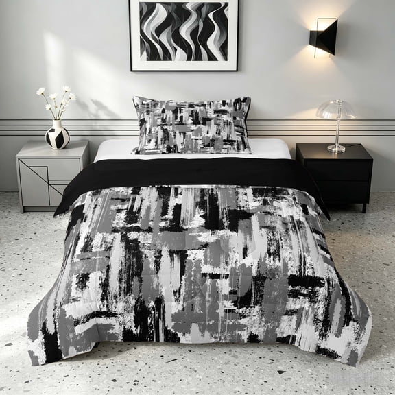 Manfei Abstract Watercolor Brushstroke Twin Comforter Sets, Black White Gray Ombre Bedding Set, Black Reversible 2pcs, 1 Comforter and 1 Pillowcase