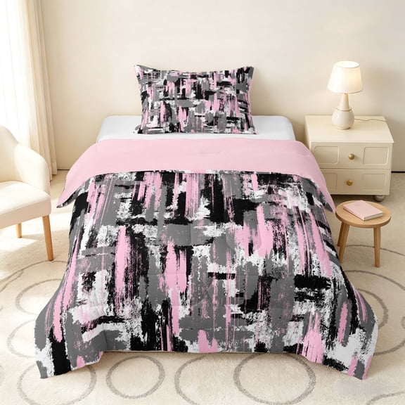 Manfei Abstract Watercolor Brushstroke Twin Comforter Sets, Pink Black White Ombre Bedding Set, Pink Reversible 2-Piece, 1 Comforter and 1 Pillowcase