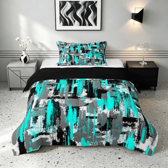 Manfei Abstract Watercolor Brushstroke Twin Comforter Sets, Teal Black White Ombre Bedding Set, Black Reversible 2pcs, 1 Comforter and 1 Pillowcase