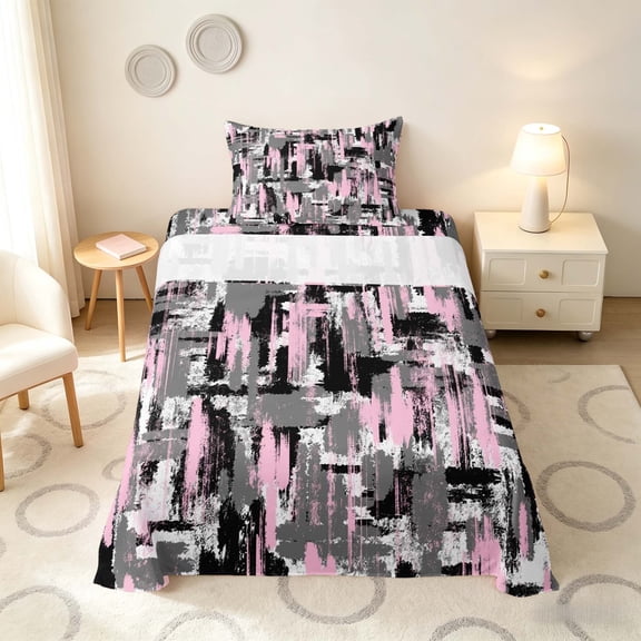 Manfei Abstract Watercolor Brushstroke Twin Sheets, Pink Black White Ombre Bedding, Pink Reversible 3-Piece1 Flat Sheet + 1 Fitted Sheet + 1 Pillowcase