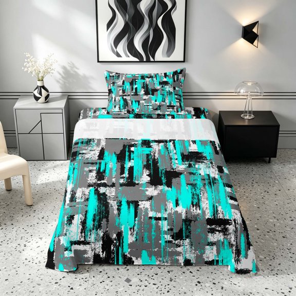 Manfei Abstract Watercolor Brushstroke Twin Sheets, Teal Black White Ombre Bedding, Black Reversible 3pcs1 Flat Sheet + 1 Fitted Sheet + 1 Pillowcase