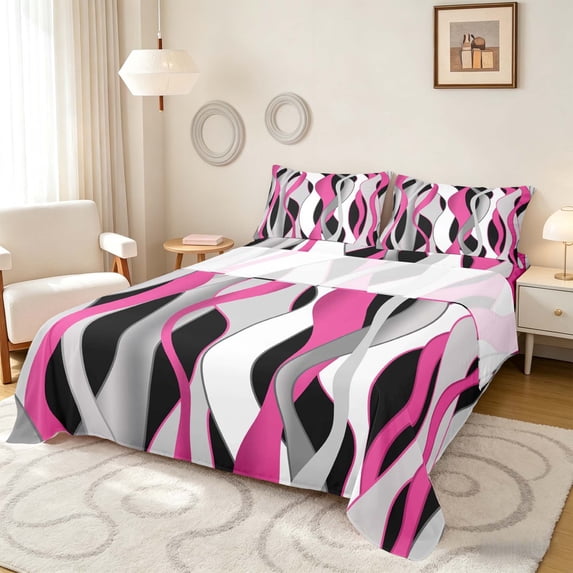 Manfei Abstract Wave Stripe Bed Sheets, Geometric Line Fuul Size Sheets, Pink, Black and White, Black Reversible 4 Pieces1 Flat Sheet + 1 Fitted Sheet + 2 Pillowcases
