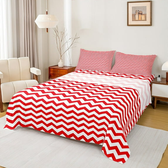 Manfei Abstract Wave Stripe Bed Sheets, Red White Aesthetic King Sheets, Contemporary Minimalist Sheet Set, Microfiber Bedroom Decor 4-Piece