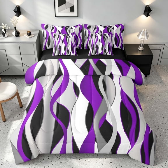 Manfei Abstract Wave Stripe Full Size Bedding Sets, Geometric Line Full Size Bed in a Bag, Purple, Black and White, Black Reversible 7 Pieces