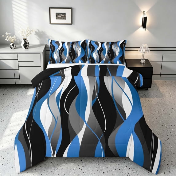 Manfei Abstract Wave Stripe Full Size Comforter Sets, Blue Black White Bedding Comforter Set, Black Reversible 3 Pieces, 1 Comforter and 2 Pillowcases