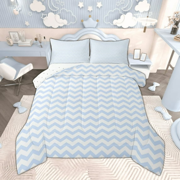 Manfei Abstract Wave Stripe Full Size Comforter Sets, Blue White Aesthetic Bedding Comforter Set, Contemporary Minimalist Bedding Sets, Ultra Soft Home Decor Reversible 3-Piece