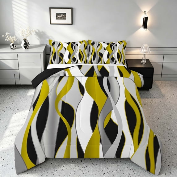 Manfei Abstract Wave Stripe Full Size Comforter Sets, Geometric Line Bedding Comforter Set, Yellow, Black and White, Black Reversible 3 Pieces, 1 Comforter and 2 Pillowcases