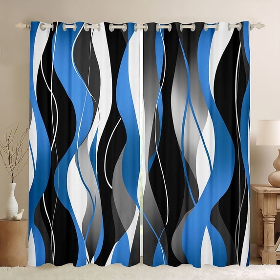 Manfei Abstract Wave Stripe Kitchen Curtains, Blue Black White Black Out Curtains Pack of 2 (42x63 Each)