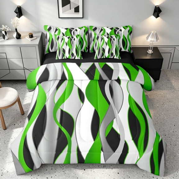 Manfei Abstract Wave Stripe Twin Bedding, Geometric Line Bedding Comforter Set, Green, Black and White, Black Reversible 7 Pieces