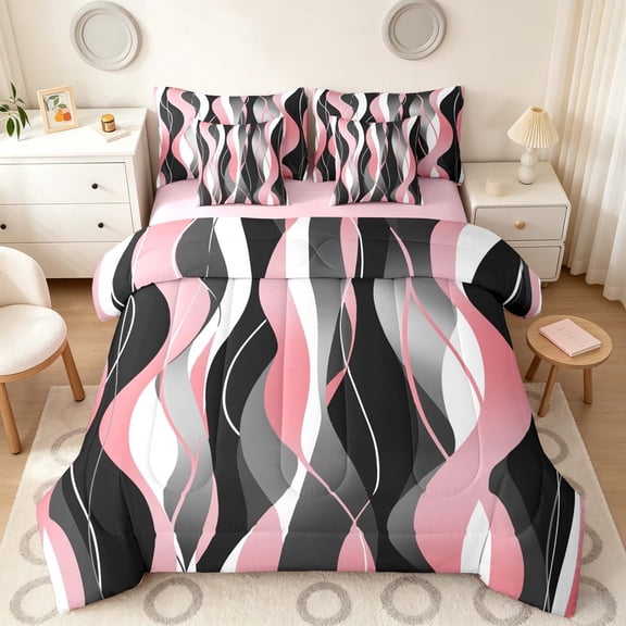 Manfei Abstract Wave Stripe Twin Bedding, Pink Black White Bedding Comforter Set, Pink Reversible 7pcs