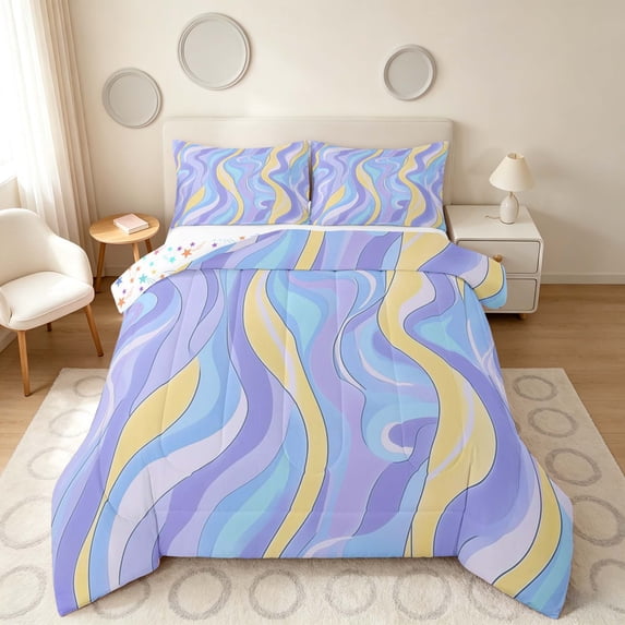 Manfei Abstract Wavy Line Queen Comforter Set, Lavender Blue Comforter Sets Queen, Colorful Stars Reversible 3-Piece, 1 Comforter and 2 Pillowcases