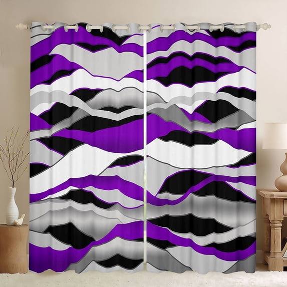 Manfei Abstract Wavy Stripe Kitchen Curtains, Modern Abstract Art Black Out Curtains Pack of 2 (42x63 Each), Purple, Black and White