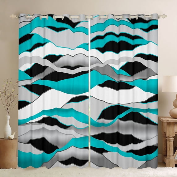 Manfei Abstract Wavy Stripe Kitchen Curtains, Modern Abstract Art Black Out Curtains Pack of 2 (42x63 Each), Teal, Black and White