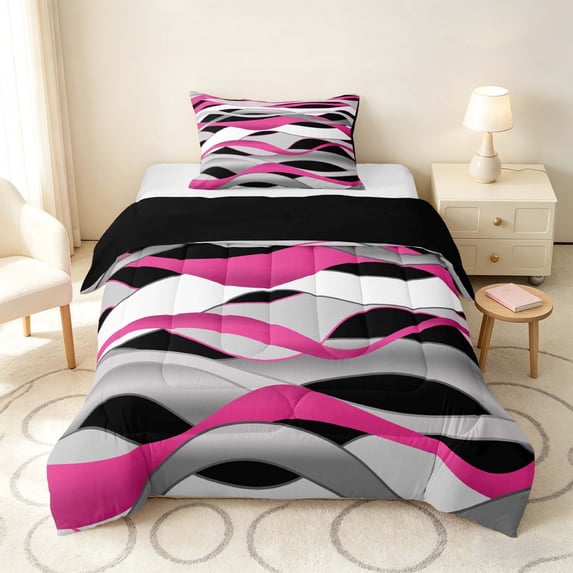 Manfei Abstract Wavy Stripe Twin Comforter Sets, Modern Abstract Art Bedding Set, Pink, Black and White, Black Reversible 2pcs, 1 Comforter and 1 Pillowcase