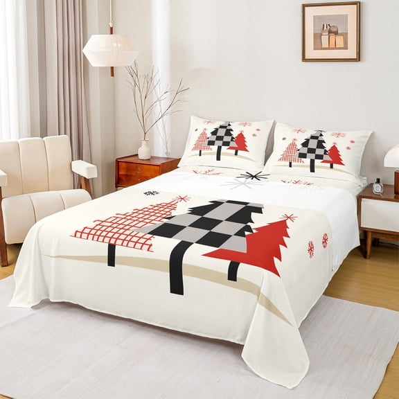 Manfei Abstract Xmas Tree Twin Sheet Sets,Red Snowflake Twin Fitted Sheet,Merry Christmas Flat Sheet For Teens,Super Cozy Room Decor,3pcs