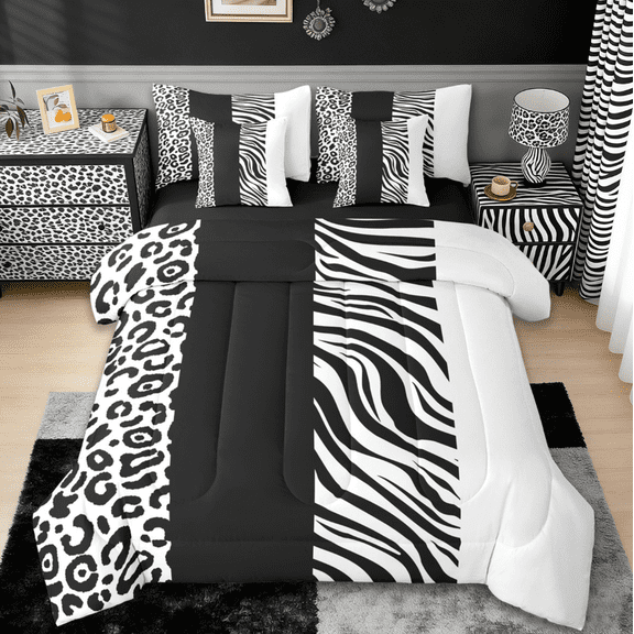 Manfei Abstract Zebra Print 7-Piece Bedding Comforter Set,Cheetah Pattern King Bedding Sets,White Black Stripes Bed Sheets For Children,Microfiber Bedroom Decor Reversible