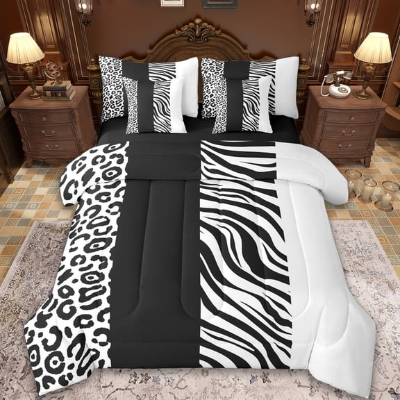 Manfei Abstract Zebra Print 7-Piece Bedding Comforter Set,Cheetah Pattern King Bedding Sets,White Black Stripes Bed Sheets For Children,Microfiber Bedroom Decor Reversible