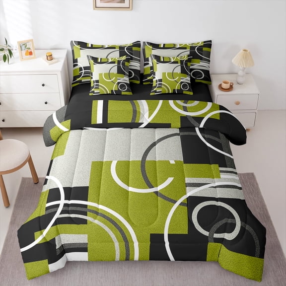 Manfei Abstrat Geometric Lines 7-Piece Twin Bedding Sets,Green Black Gray Bedding Comforter Set,Geometric Striped Circle Sheet Sets For Teens,Luxury Bedroom Decor Reversible