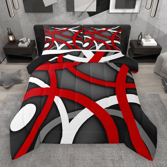 Manfei Abstrat Geometric Lines Queen Comforter Set,Gred Gray Black Bedding Sets,Geometric Striped Circle Bedding Comforter Set For Teens,Luxury Bedroom Decor Reversible,3pcs