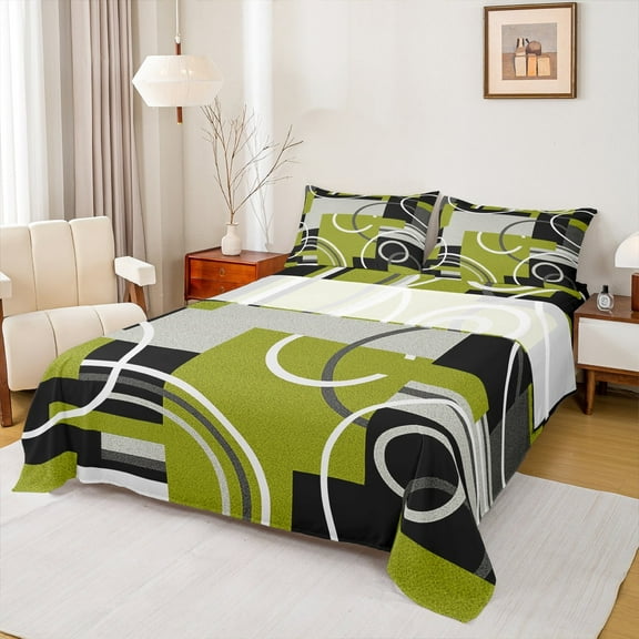 Manfei Abstrat Geometric Lines Twin Sheet Sets,Green Black Gray Twin Fitted Sheet,Geometric Striped Circle Flat Sheet For Teens,Luxury Bedroom Decor,3 Pieces