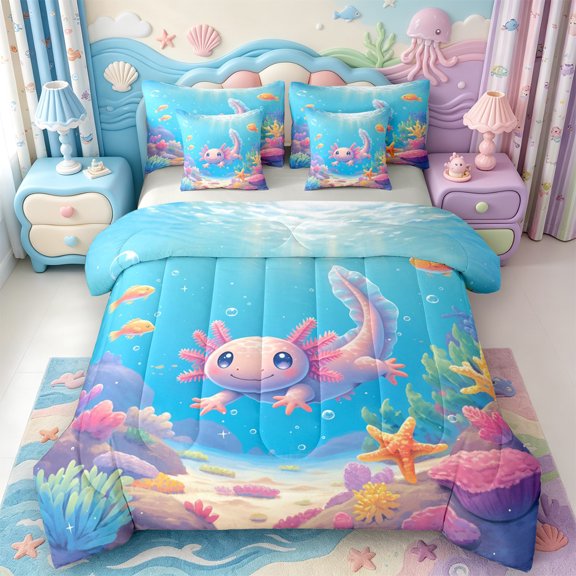Manfei Adorable Axolotl 7-Piece Twin Bedding,Cute Salamander Pattern Bedding Comforter Set,Light Gray Reversible