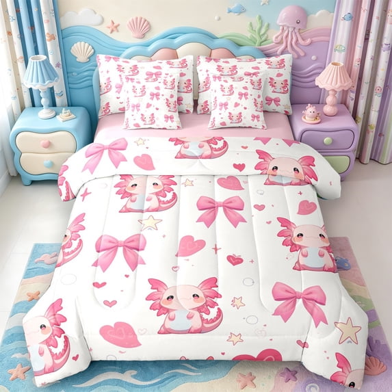 Manfei Adorable Axolotl 7pcs Queen Bedding,Kawaii Animals Pattern Bedding Comforter Set Queen,Pink Reversible