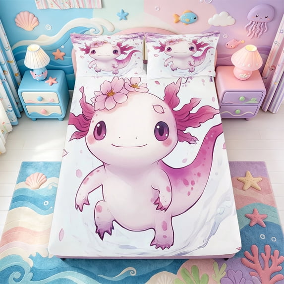 Manfei Adorable Axolotl Fitted Sheet Full,Cute Aniaml Salamander Bed Set,3 Pieces,1 Fitted Sheet and 2 Pillowcases