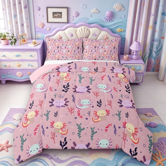 Manfei Adorable Axolotl Full Size Comforter Sets,Watercolor Salamander Print Bedding Comforter Set,Pink Reversible,3-Piece,1 Comforter and 2 Pillowcases