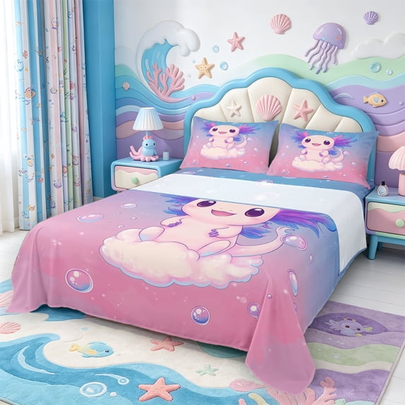 Manfei Adorable Axolotl King Sheets,Animals Print Bedding,4pcs,1 Flat Sheet,1 Fitted Sheet and 2 Pillowcases