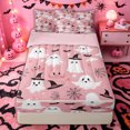 thumbnail image 1 of Manfei Adorable Ghost Print Zipper Full Size Comforter Sets with Fitted Sheet and 2 Pillowcases for Kids, Pink Halloween Pumpkin Bow Zipper Bedding Set, Pink Reversible, 4 Pieces, 1 of 6