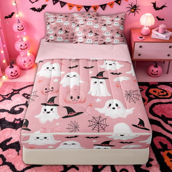 Manfei Adorable Ghost Print Zipper Full Size Comforter Sets with Fitted Sheet and 2 Pillowcases for Kids, Pink Halloween Pumpkin Bow Zipper Bedding Set, Pink Reversible, 4 Pieces