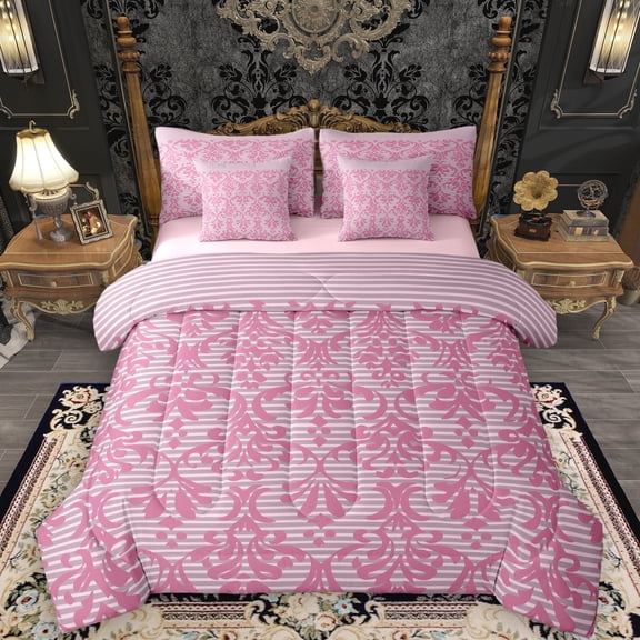 Manfei Adult Bohemian Damask 7-Piece Bedding Comforter Set, Chic Abstract Ombre King Bedding Sets, Pink Hippie Flower Style Reversible Bed Sheets, Breathable Home Decor