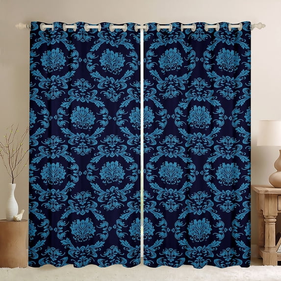 Manfei Adult Bohemian Damask Black Out Curtains, Western Retro Mandala Flower Curtains Pack of 2 (42x63 Each), Black Blue Hippie Bedroom Curtains, Window Curtains Decor