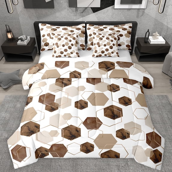 Manfei Adult Chic Honeycomb Bedding Comforter Set 7 Pieces, Brown Art Watercolor Full Bedding Set, Fashion Abstract Ombre Fitted Sheet Flat Sheet, Breathable Home Decor