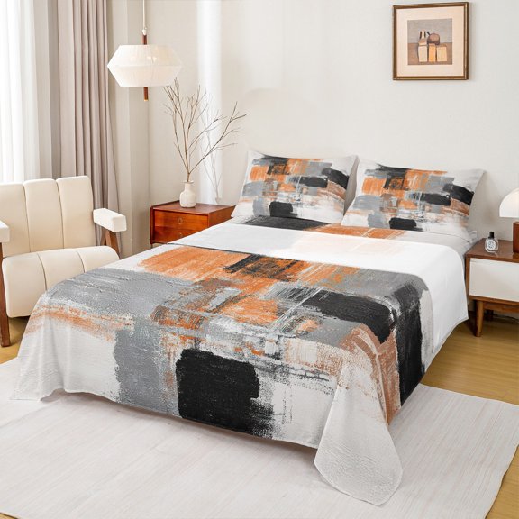Manfei Adult Chic Rectangle Full Size Sheets, Orange Oil Printing Artwork Bed Sheets, Modern Square Abstract Sheet Sets, Luxury Bedroom Decor, 4pcs