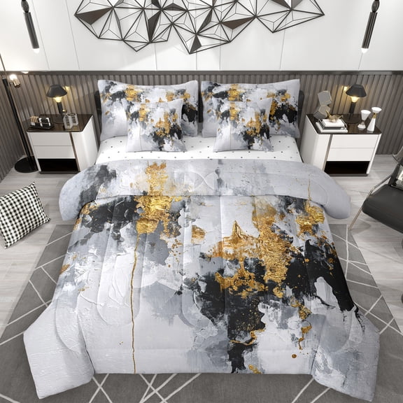 Manfei Adult Chic Watercolor 7pcs Bedding Comforter Set, Gold Oil Printing Artwork Queen Bedding Sets, Modern Fashion Abstract Reversible Queen Sheet Sets, Breathable Home Decor
