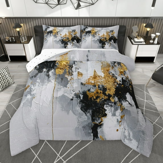 Manfei Adult Chic Watercolor Bedding Comforter Set, Gold Oil Printing Artwork Twin Comforter Sets, Modern Fashion Abstract Reversible Bedding Set, Breathable Home Decor, 2-Piece