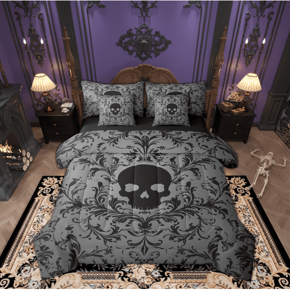 Manfei Adult Damask Skull Twin Bedding Sets 7-Piece, Hippie Gothic Skeleton Bedding Comforter Set, Tribal Mandala Theme Reversible Sheet Sets, Breathable Home Decor